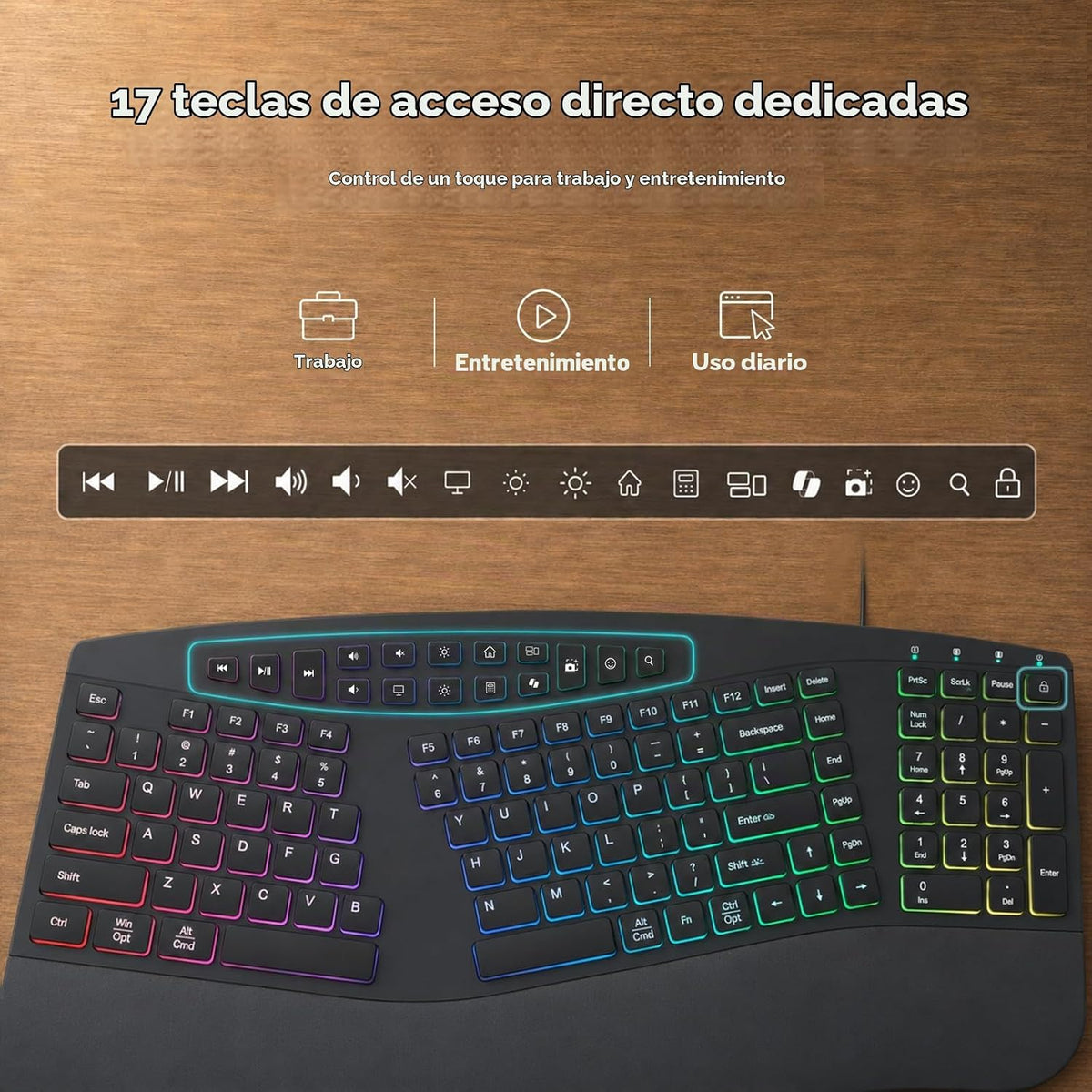Teclado dividido ergonómico con cable con retroiluminación RGB y