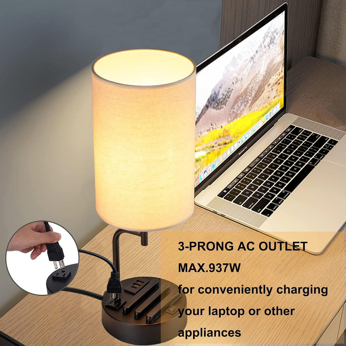 Lámpara Dreamholder Lámpara de mesa con 3 puertos de carga USB, moderna lámpara de escritorio con toma de CA y soportes para teléfono, lámpara de noche perfecta para dormitorio, sala de estar, oficina