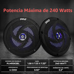 Pyle Altavoces marinos impermeables de 6.5 pulgadas, torre de wakeboard de perfil bajo y sistema de sonido estéreo de audio resistente a la intemperie con luces LED y potencia de 240 W