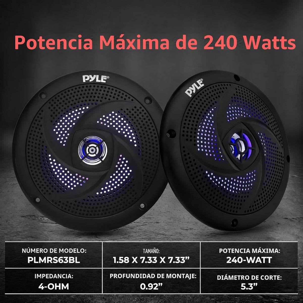 Pyle Altavoces marinos impermeables de 6.5 pulgadas, torre de wakeboard de perfil bajo y sistema de sonido estéreo de audio resistente a la intemperie con luces LED y potencia de 240 W