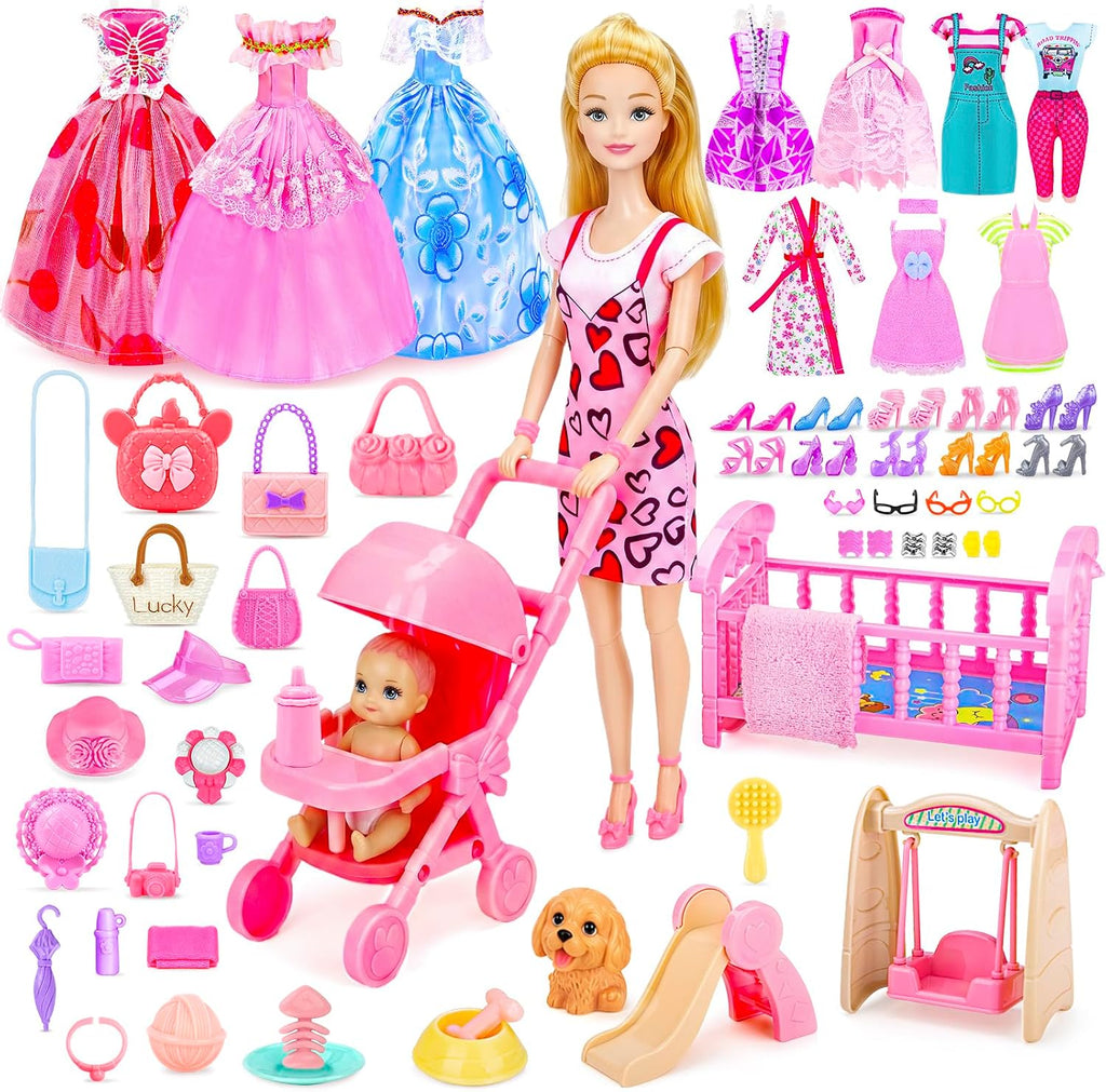 Set de juego de muñecas de 96 piezas con muñeca, ropa y accesorios