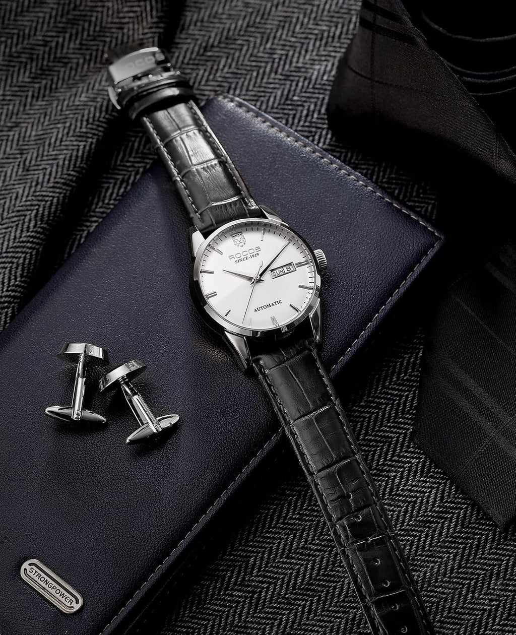 ROCOSJEWE Reloj mecánico automático para hombre, correa de cuero negro