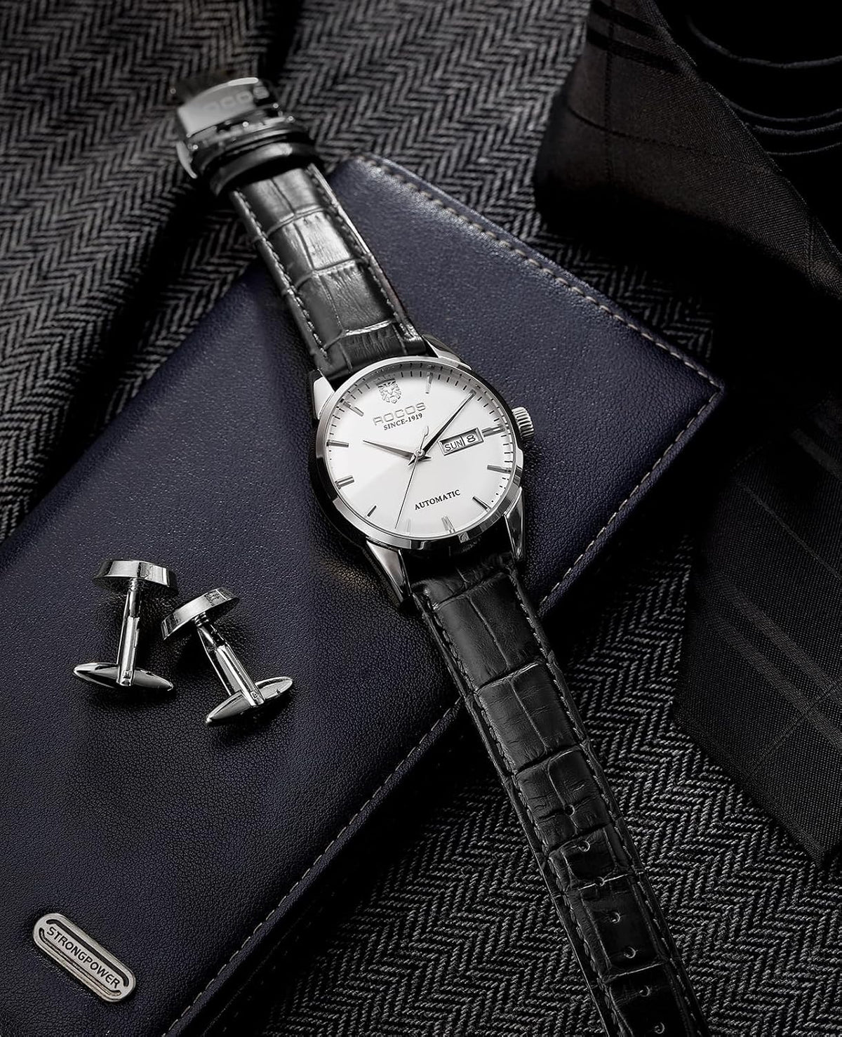 ROCOSJEWE Reloj mecánico automático para hombre, correa de cuero negro