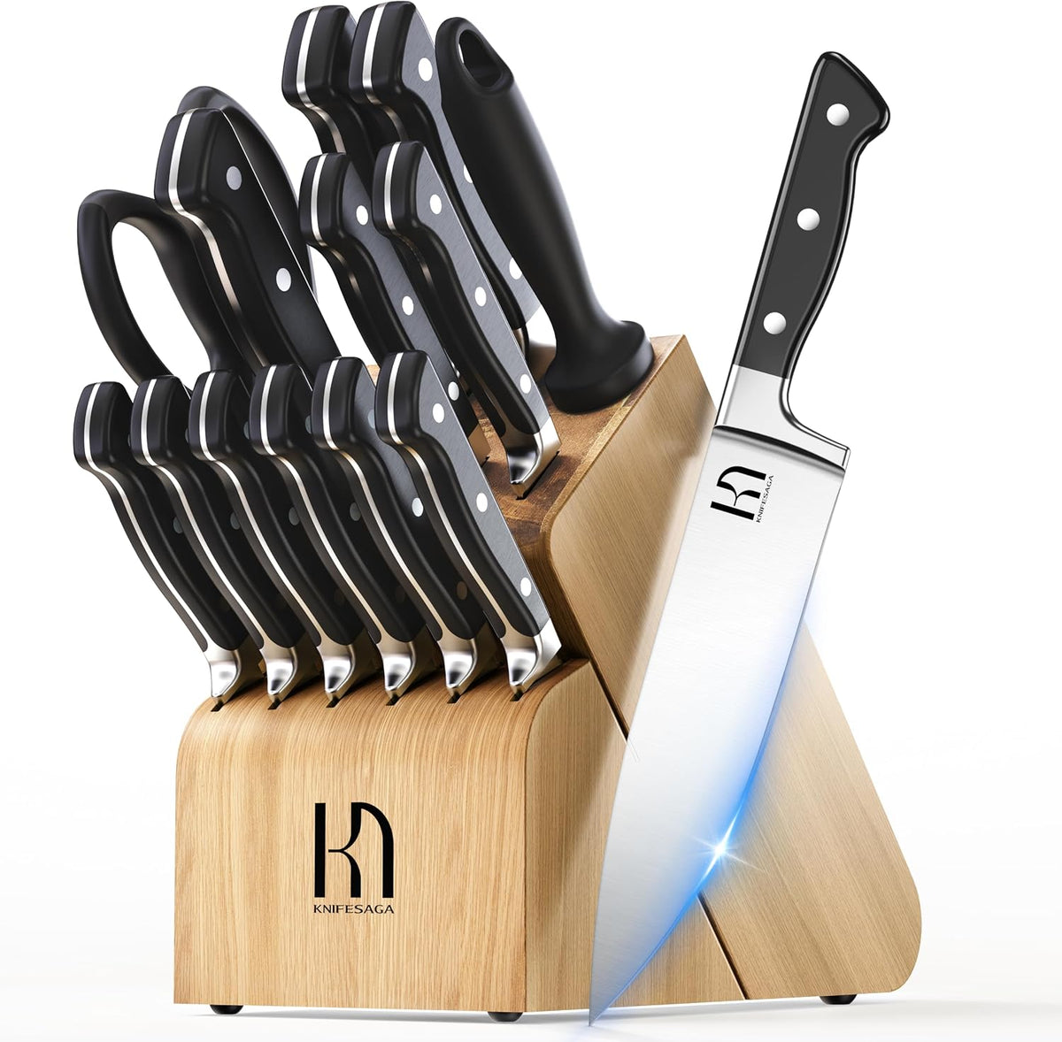 Juego de Cuchillos, Juego de Bloque de Cuchillos de Cocina de 15 Piezas, Juego de Cuchillos de Chef de Acero Inoxidable Japonés de Alto Carbono Duradero y Afilado como Navaja con Bloque y Afilador