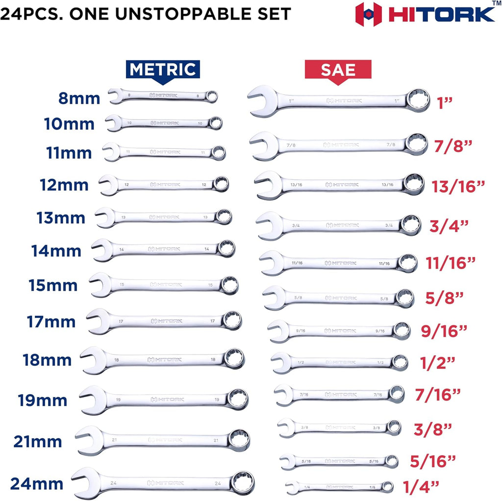 Hitork - Juego de 24 llaves combinadas, SAE (1/4"–1") y métricas (8–24mm), acero Cr-V, acabado de cromo espejo, extremo de caja de 12 puntas, compensación de 15°, con bolsa enrollable – Ideal para el