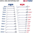 Hitork - Juego de 24 llaves combinadas, SAE (1/4"–1") y métricas (8–24mm), acero Cr-V, acabado de cromo espejo, extremo de caja de 12 puntas, compensación de 15°, con bolsa enrollable – Ideal para el