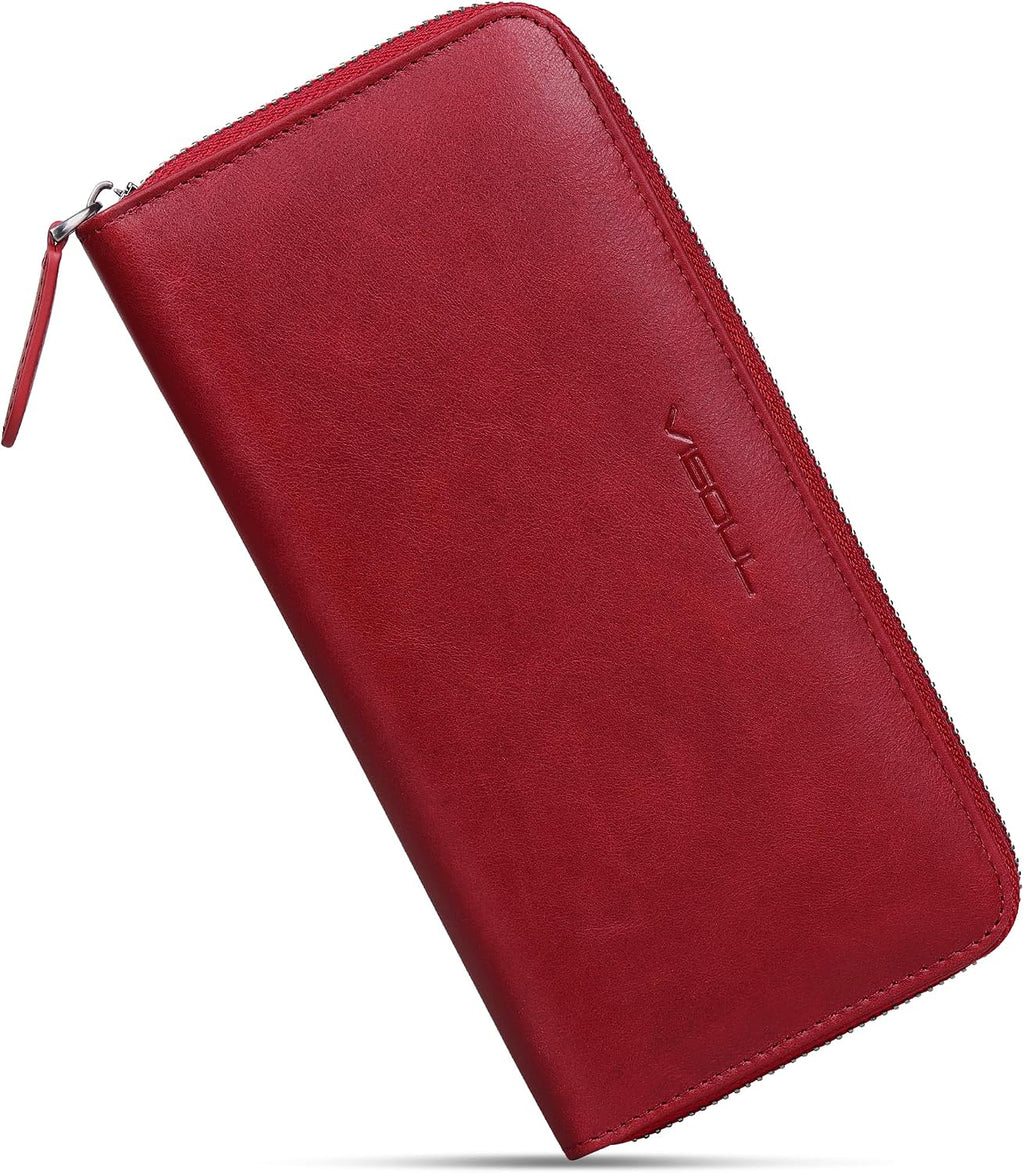 VISOUL Cartera larga de cuero con cremallera para hombres y mujeres con bloqueo RFID, cartera larga de mano grande con cremallera (borgoña)