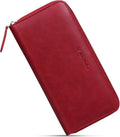 VISOUL Cartera larga de cuero con cremallera para hombres y mujeres con bloqueo RFID, cartera larga de mano grande con cremallera (borgoña)