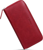 VISOUL Cartera larga de cuero con cremallera para hombres y mujeres con bloqueo RFID, cartera larga de mano grande con cremallera (borgoña)