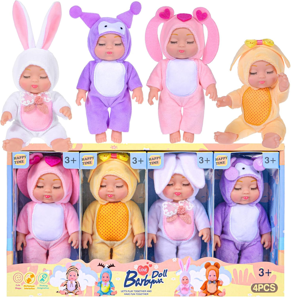 Juego de 4 muñecas de bebé de 7 pulgadas, lindas figuras infantiles de PVC con pollito, Tg04