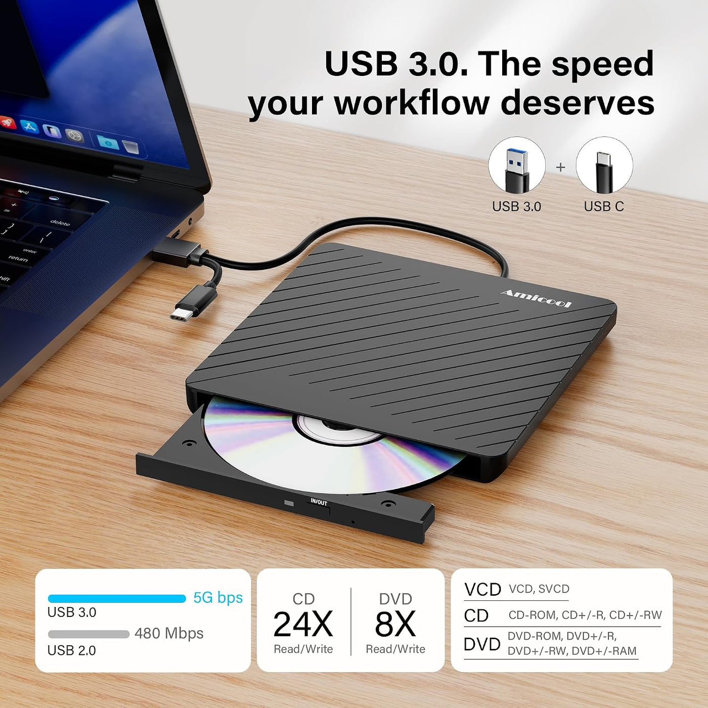 Amicool - Grabador externo USB-C USB 3.0 de CD\/DVD para computador...