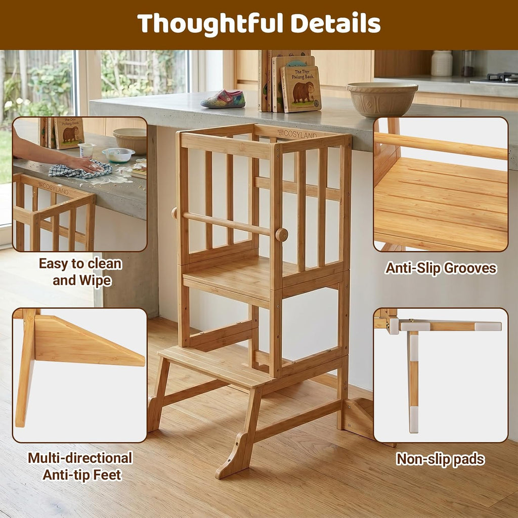 COSYLAND Torre de Pie para Niños Pequeños - Taburete Ayudante de Cocina de Altura Ajustable para Niños Pequeños - Taburete Escalón de Cocina para Niños para Aprender con Barandilla de Seguridad