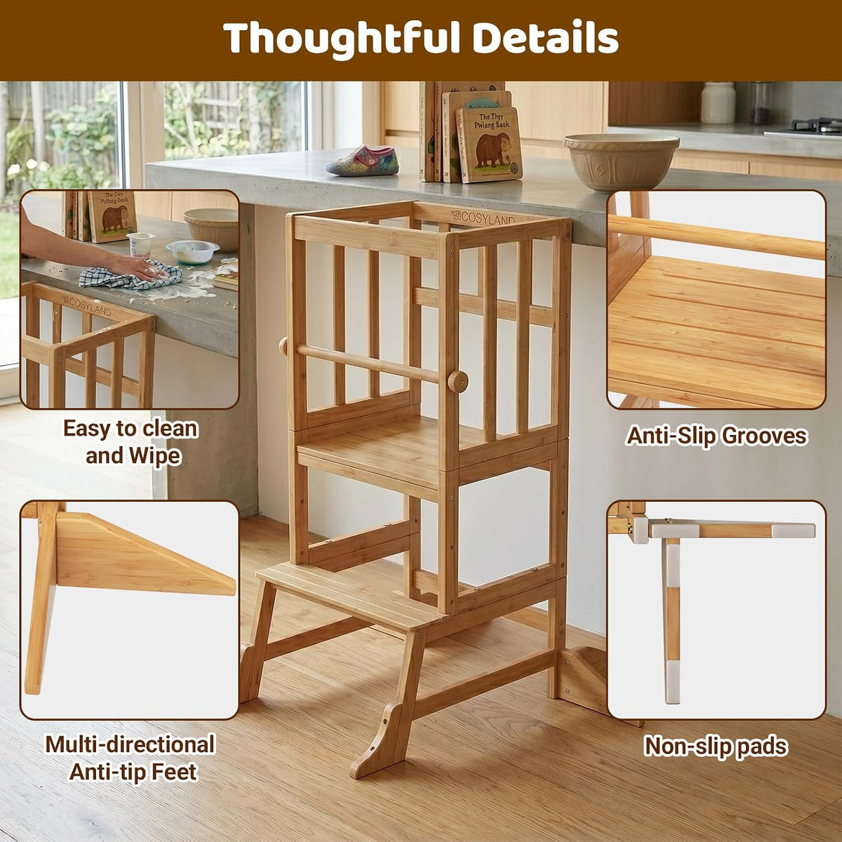 COSYLAND Torre de Pie para Niños Pequeños - Taburete Ayudante de Cocina de Altura Ajustable para Niños Pequeños - Taburete Escalón de Cocina para Niños para Aprender con Barandilla de Seguridad