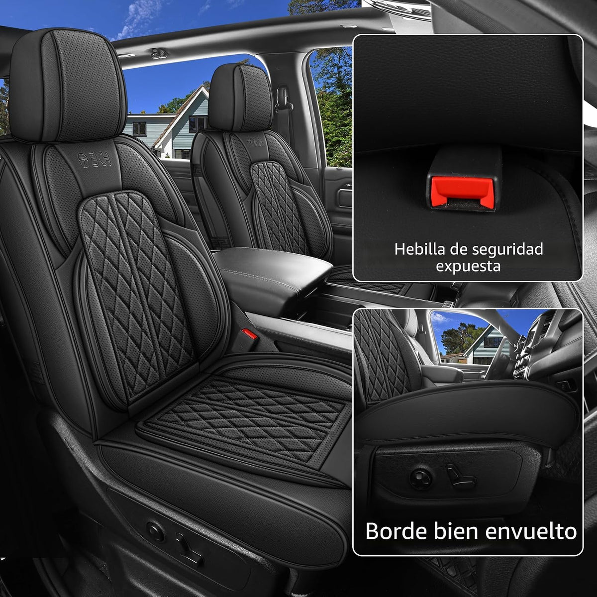 Funda de asiento de automóvil ajuste personalizado para Dodge Ram 1500 2500 3500 2002-2026, juego de fundas de asiento de piel sintética compatible con cojines de cabina regular Crew Quad de camioneta (negro, juego completo, parte trasera curvada)