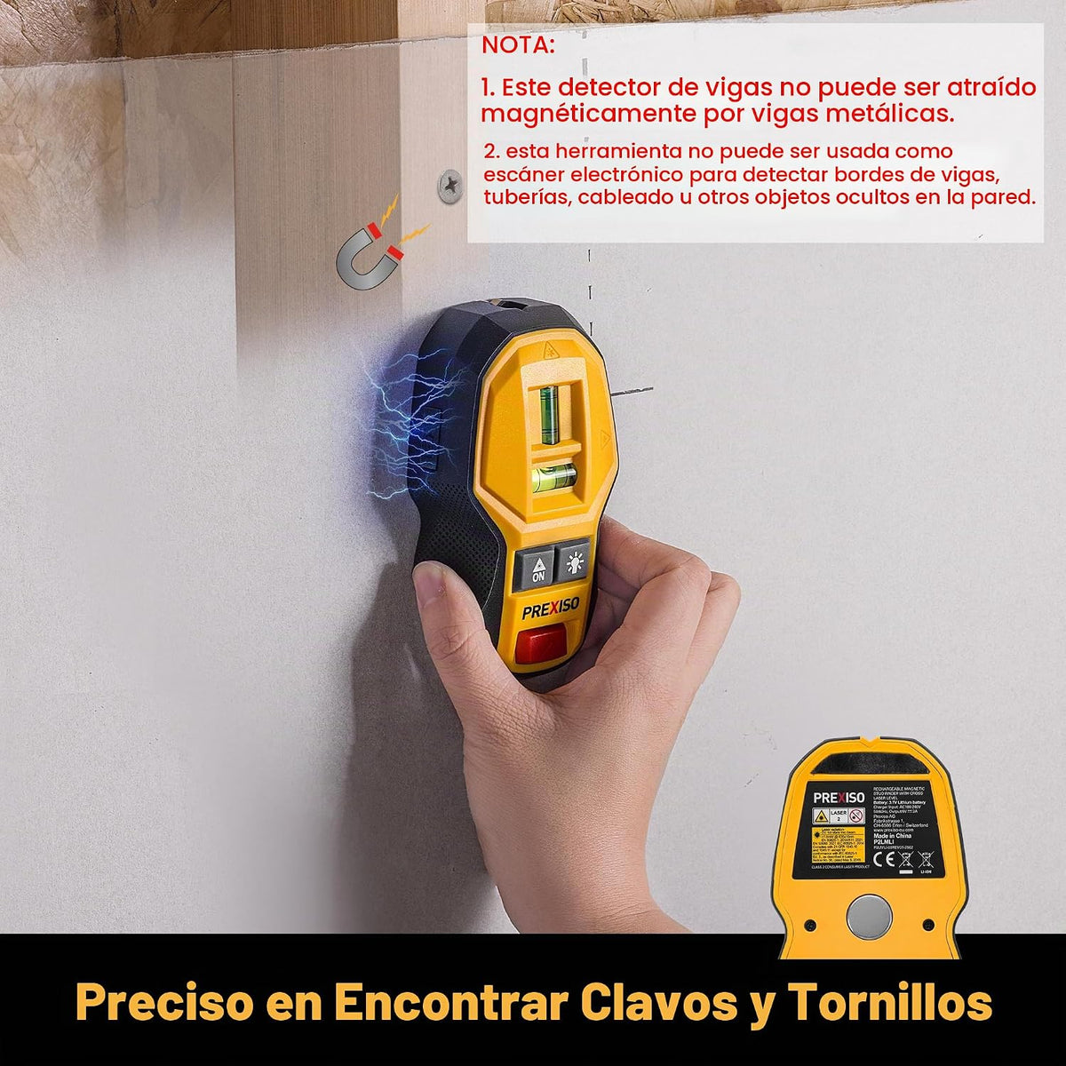 PREXISO Nivel láser cruzado recargable 2 en 1 y buscador de uñas magnético