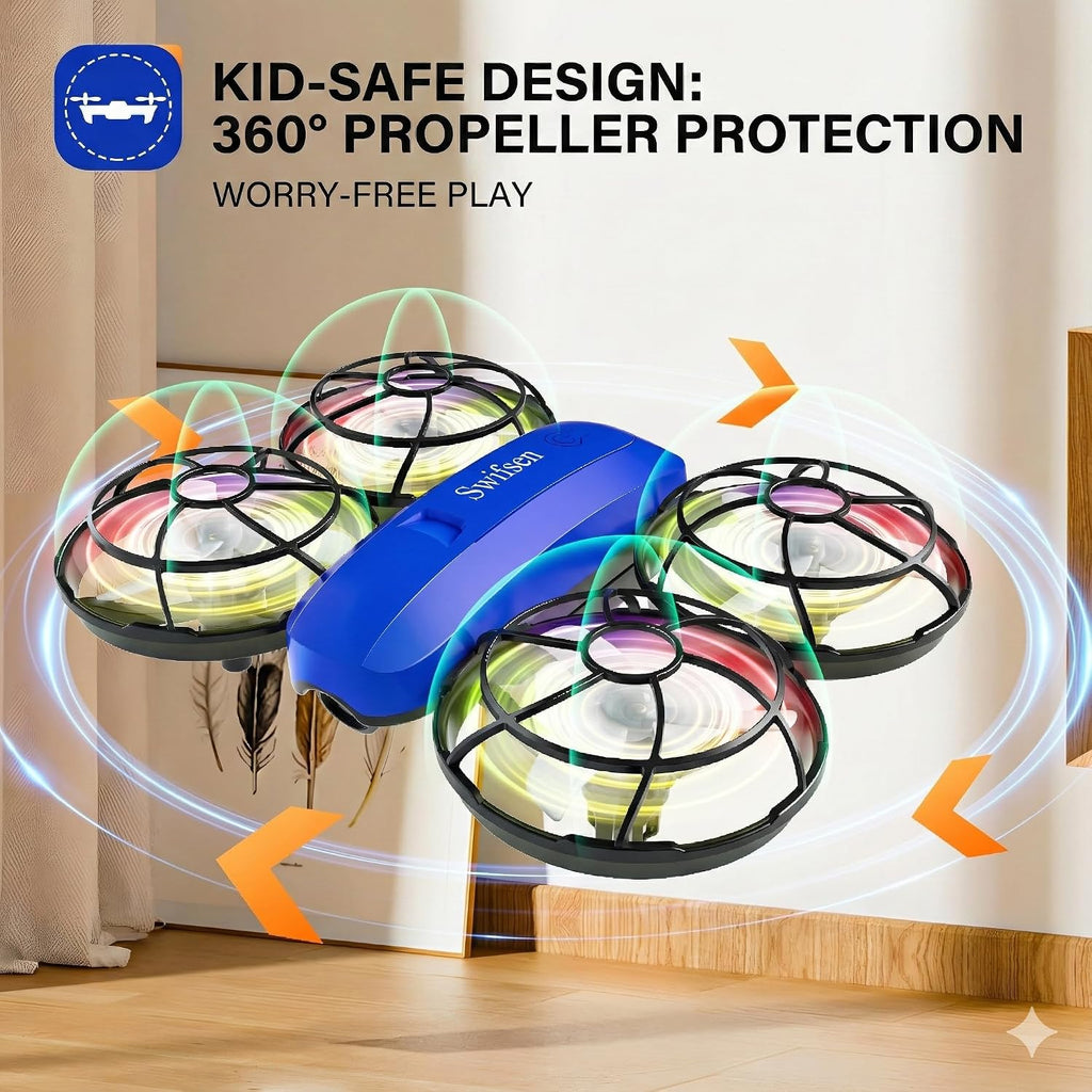 Swifsen Drones para niños con cámara, dron RC pequeño helicóptero para interiores, regalos de cumpleaños para niños y niñas principiantes amigables, mini juguete cuadricóptero con 2 baterías, protección de hélice, retención de altitud