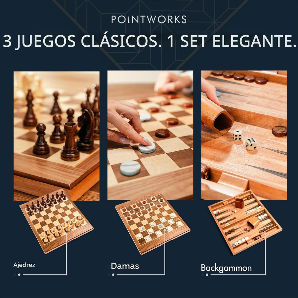 Pointworks Juego de ajedrez, damas y backgammon de 17 pulgadas para adultos, juego de ajedrez de madera combo, tablero plegable portátil de dos lados diseño multi juego, incrustación de nogal y arce