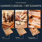Pointworks Juego de ajedrez, damas y backgammon de 17 pulgadas para adultos, juego de ajedrez de madera combo, tablero plegable portátil de dos lados diseño multi juego, incrustación de nogal y arce