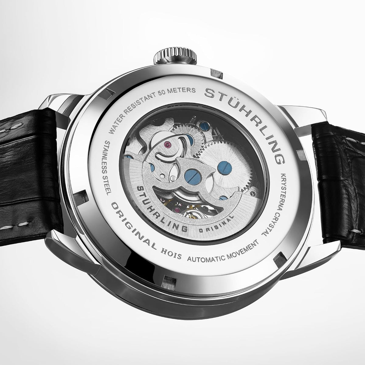 Stuhrling Original Reloj de vestir automático para hombre con correa de cuero en relieve de cocodrilo con esfera de esqueleto