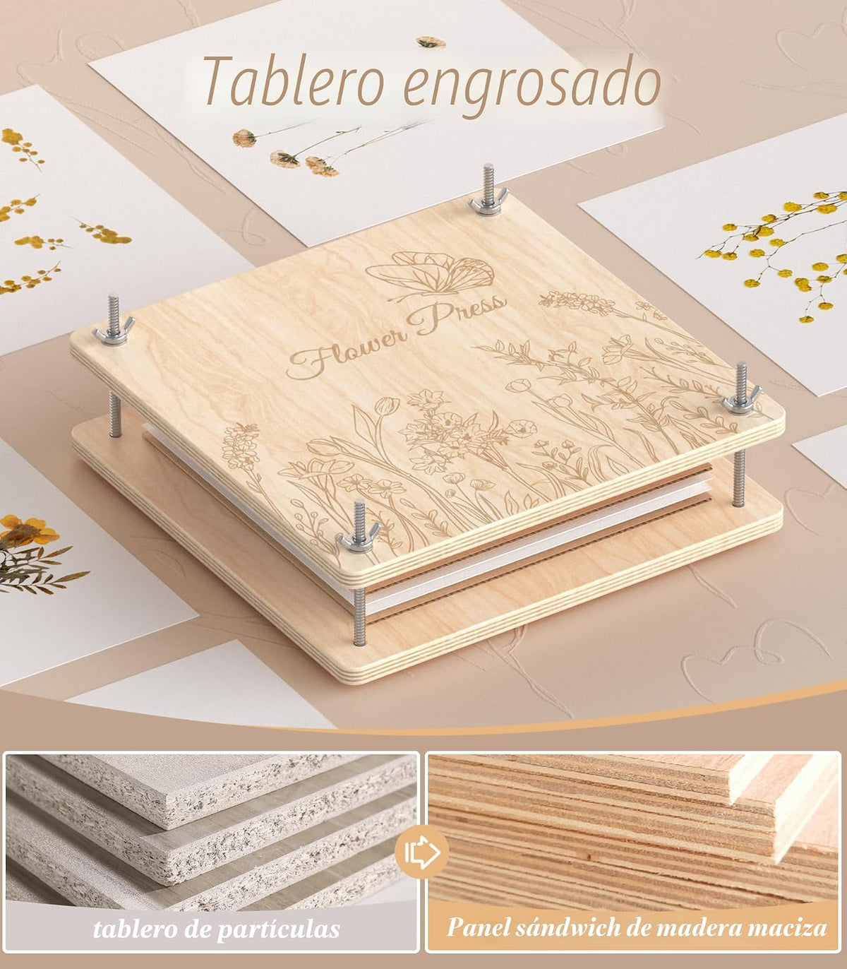 Kit de prensa de flores Wakhow – 27.9 cm x 27.9 cm Prensa de flores grande de madera para adultos y adolescentes | Elaboración de ramos de flores DIY y arte con flores secas | Regalo ideal para