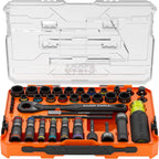 Klein Tools 65500KNECT KNECT Juego de llaves de impacto, juego de llaves de paso SAE y métrico, ratilla de 90 dientes, estuche MODbox, SAE, métrico, mango de destornillador, brocas, 39 piezas