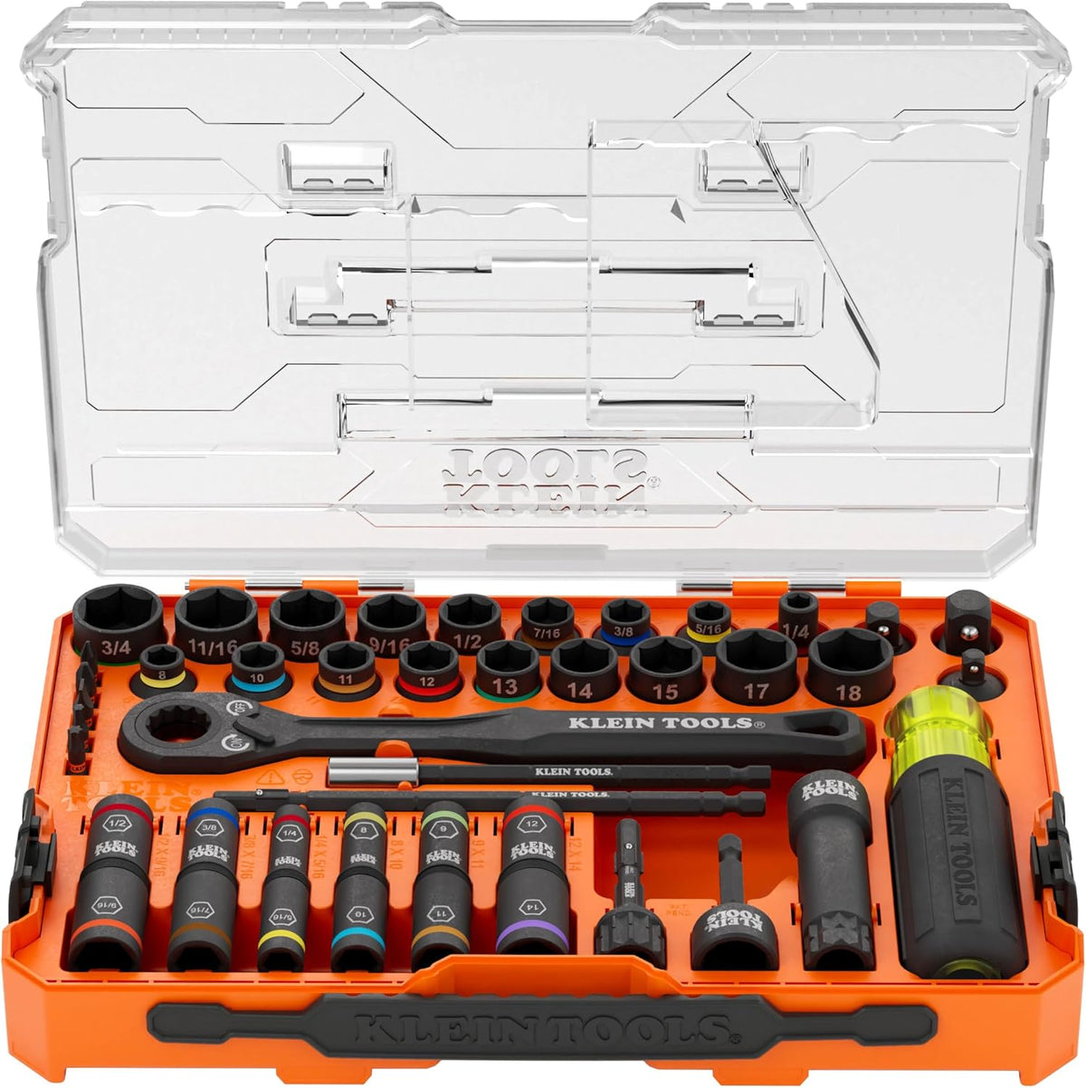 Klein Tools 65500KNECT KNECT Juego de llaves de impacto, juego de llaves de paso SAE y métrico, ratilla de 90 dientes, estuche MODbox, SAE, métrico, mango de destornillador, brocas, 39 piezas