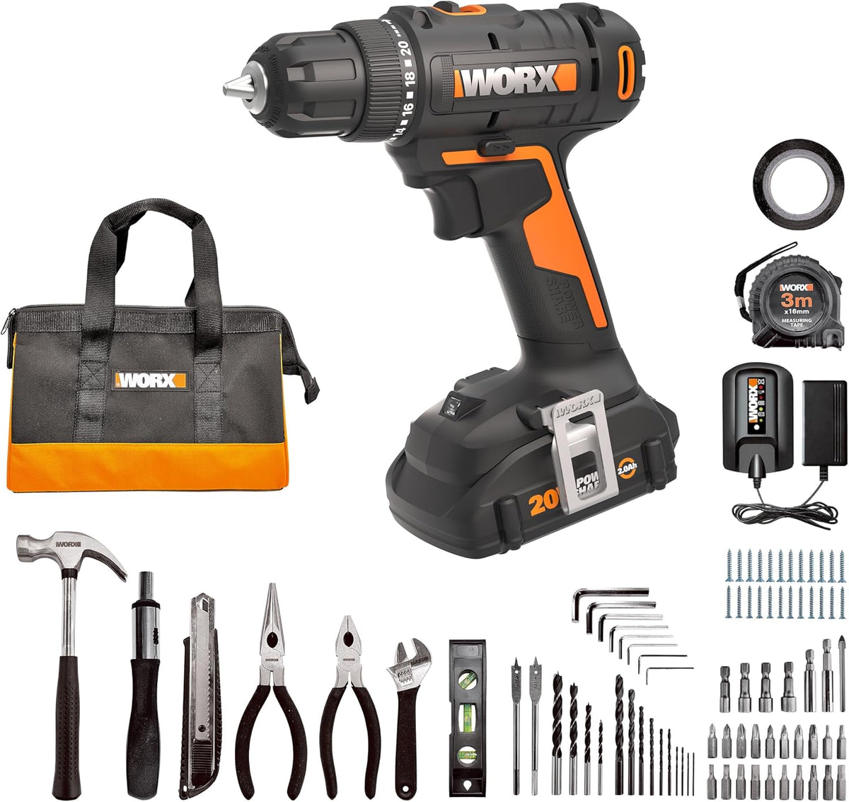 Worx Taladro Atornillador Inalámbrico de 20V, Kit de Accesorios de 84 Piezas, 2 Velocidades Variables, Par de 265 In-Lbs, Embrague 20+1, Ligero, Compacto, Portabrocas sin Llave de 3/8 Pulgadas