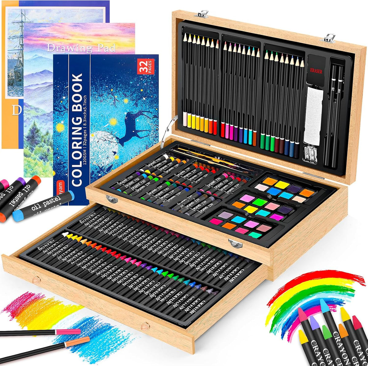 iBayam 150-Pack Deluxe Wooden Art Set Crafts Drawing Painting Kit