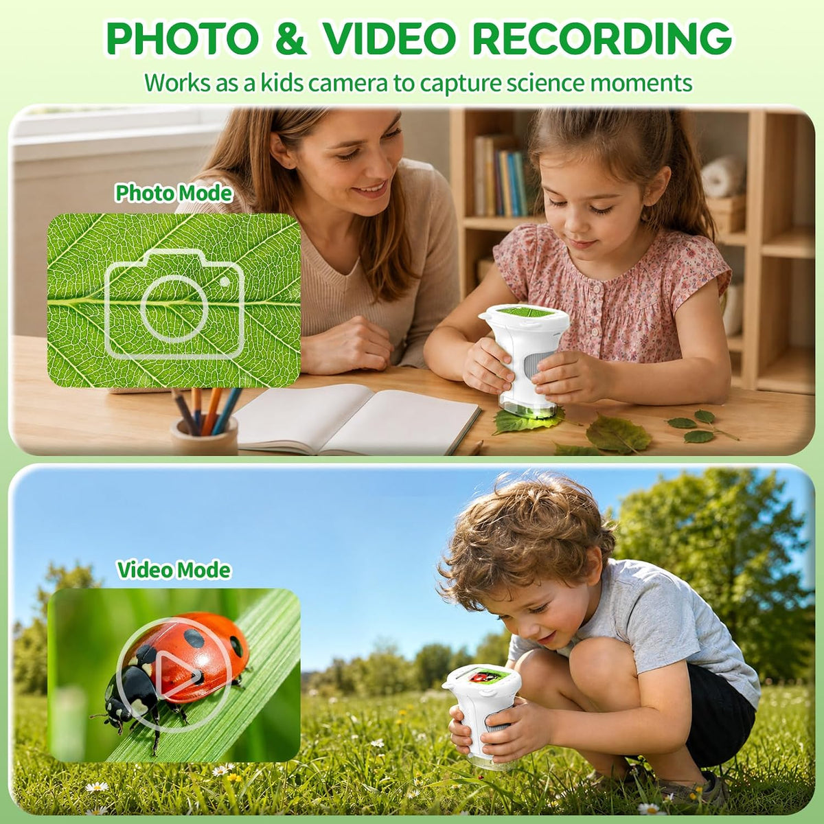 Microscopio de bolsillo de pantalla de 2.4 "para niños: Microscopio de mano 1000X para foto y video - Kits de ciencia portátiles Juguetes STEM - Regalos de Navidad/cumpleaños para niñas y niños de 3 a