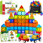 LittleVo - 180 azulejos magnéticos para niños y 2 autos, juguete de bloques