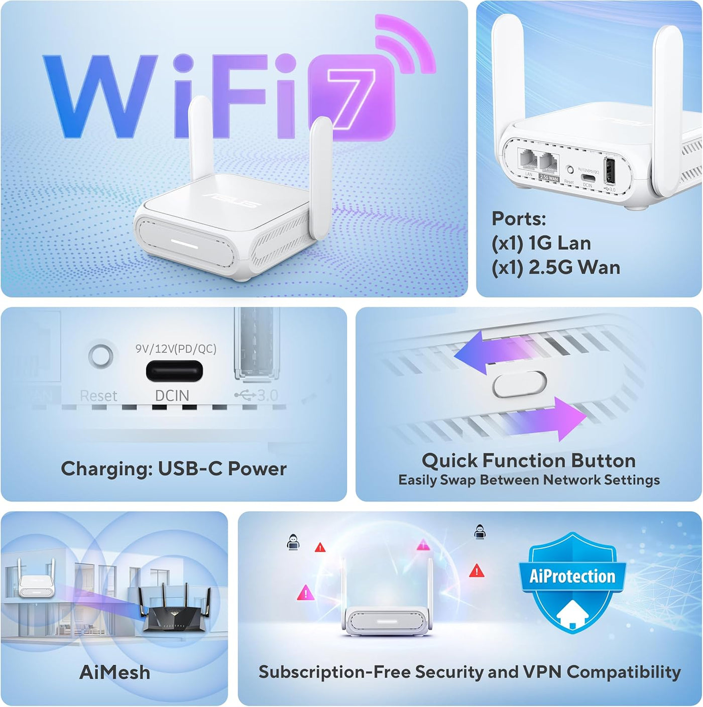 ASUS RT-BE58 Go Router de viaje portátil WiFi 7 de doble banda, 360...