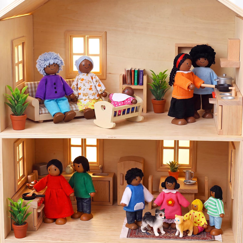 Juego familiar de casa de muñecas de madera de 20 piezas, 16 mini figuras