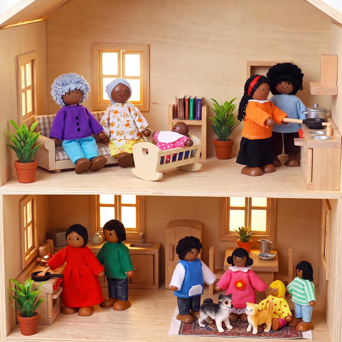 Juego familiar de casa de muñecas de madera de 20 piezas, 16 mini figuras