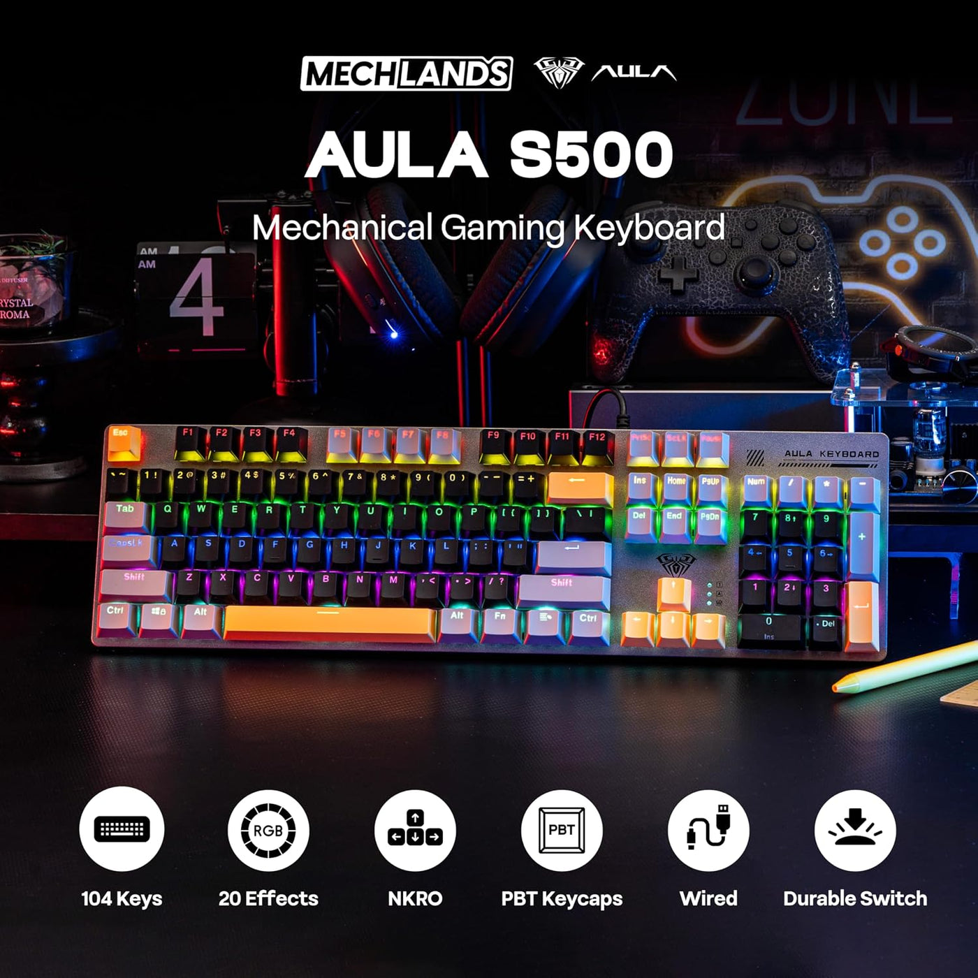 MechLands Aula S500 - Teclado mecánico con cable para juegos, 100%...