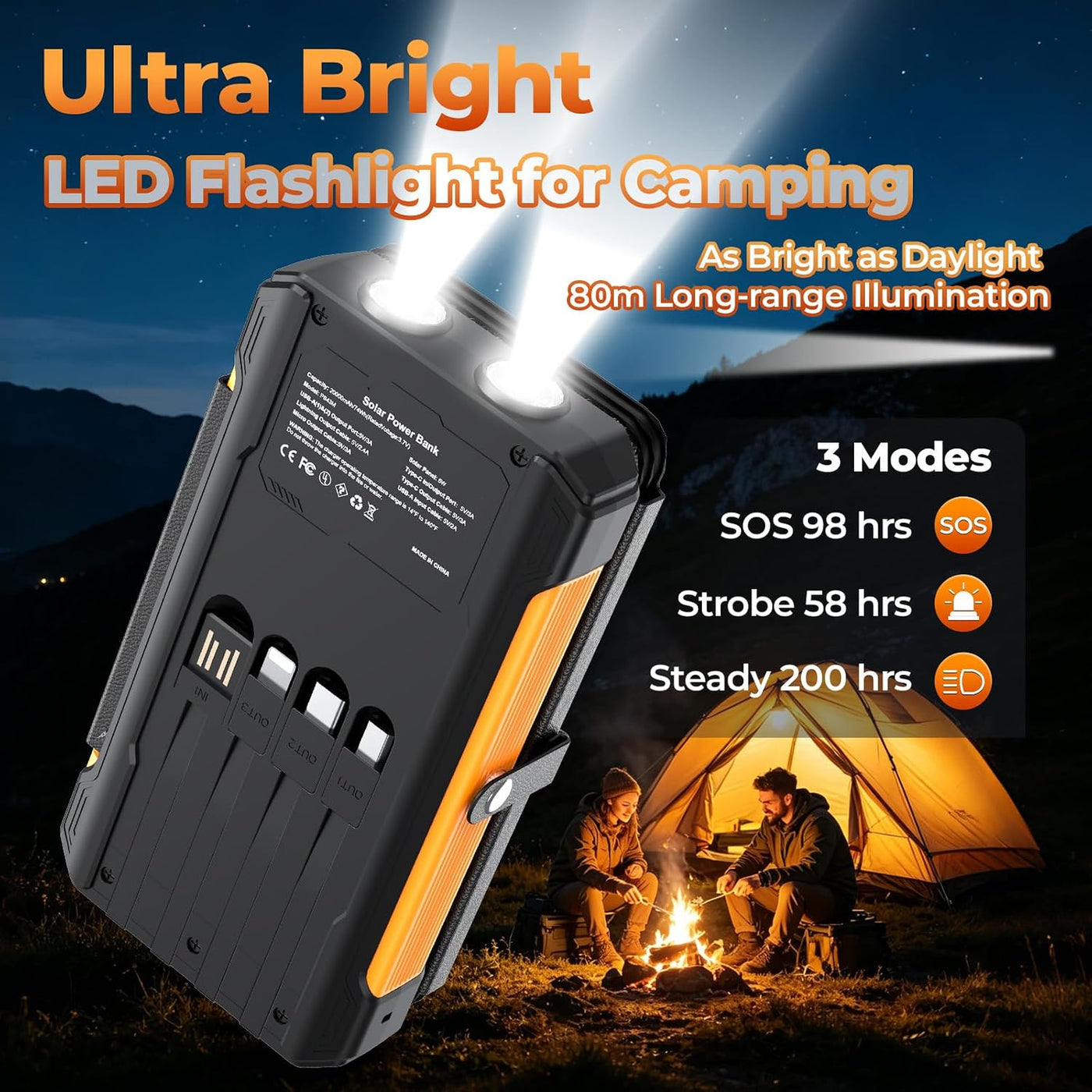 Cargador solar de 20000 mAh, cargador portátil integrado con 4 cabl...