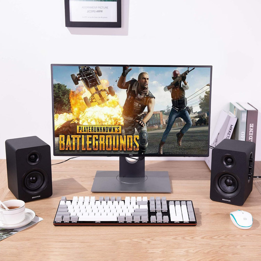 Sanyun SW208 bocinas de estantería activas Bluetooth 5.0 de 3" – Unidad de altavoz de fibra de carbono de 60W - DAC de 24 bits incorporado - Sonido envolvente 3D dinámico – Bocinas de 2.0 para PC de