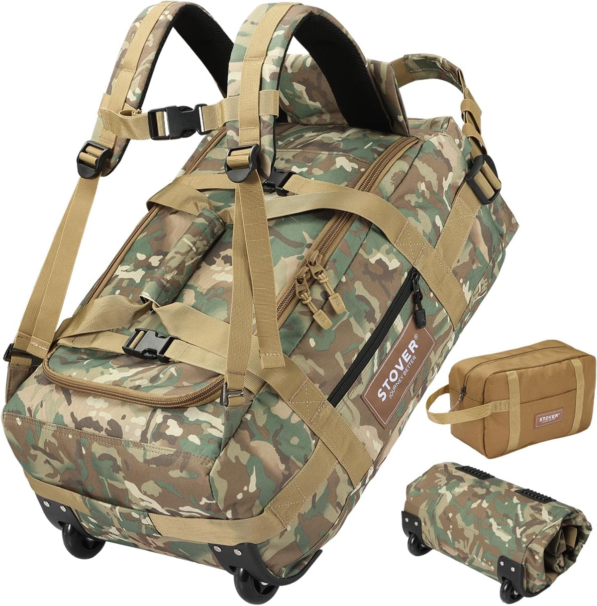 45/80/100/120L Bolsa de lona con ruedas, bolsa de viaje grande y duradera + bolsa de aseo personal, resistente, plegable con correas para el hombro, uso como equipaje o mochila, hombres/mujeres