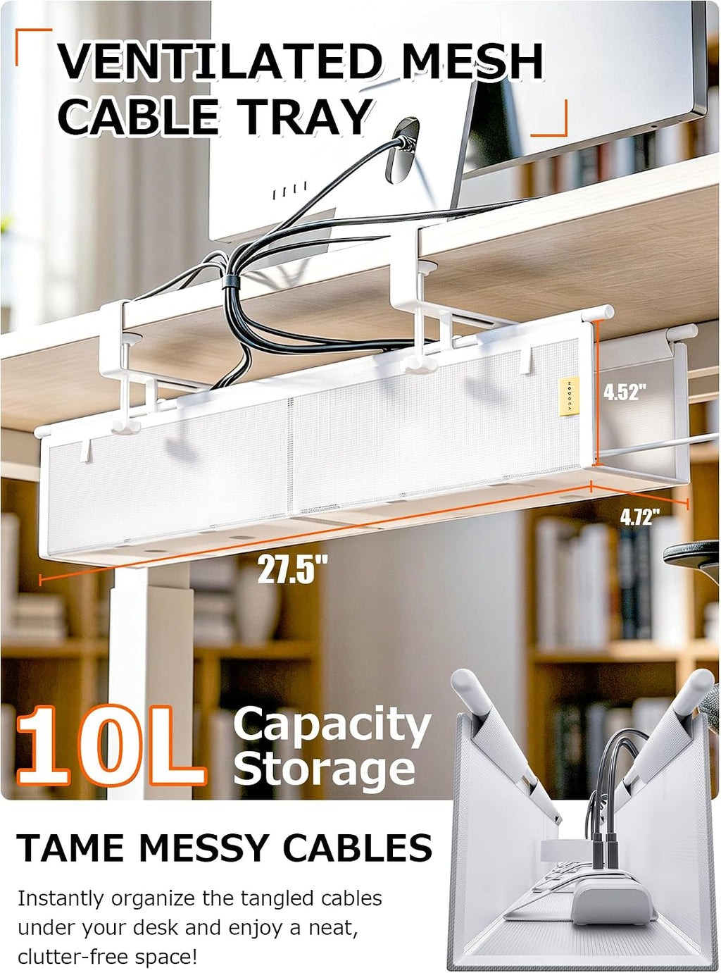 Bandeja de organización de cables para debajo del escritorio, sin taladro, bridas incluidas, material de lona ecológico, diseño de malla para disipación de calor, organizador de cables/almacenamiento