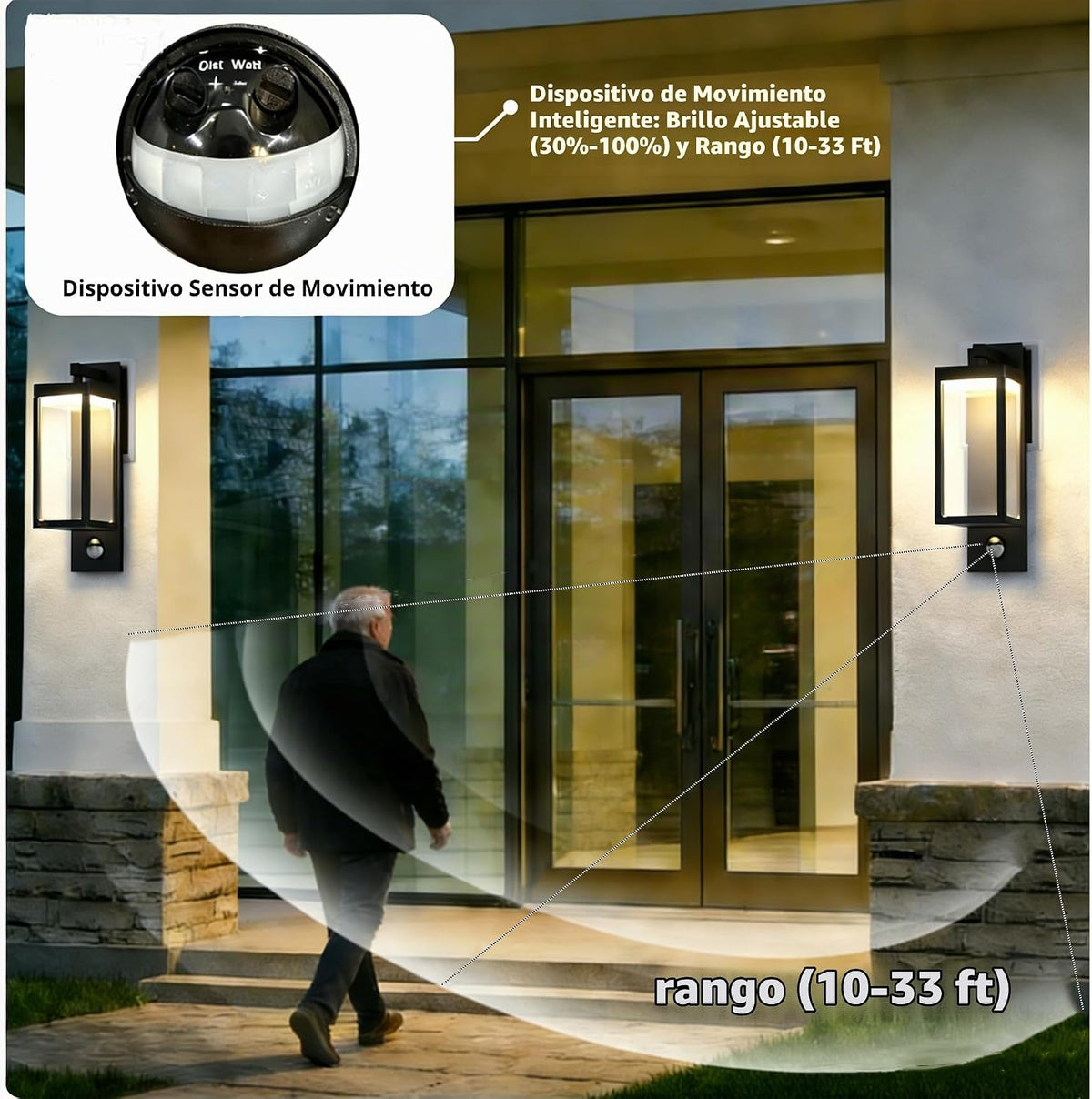Lámpara Lámpara de pared moderna con sensor de movimiento para exteriores con vidrio, LED de 850 lúmenes, linterna de aluminio impermeable IP65, iluminación exterior antioxidante para porche, garaje, puerta delantera, patio, negro