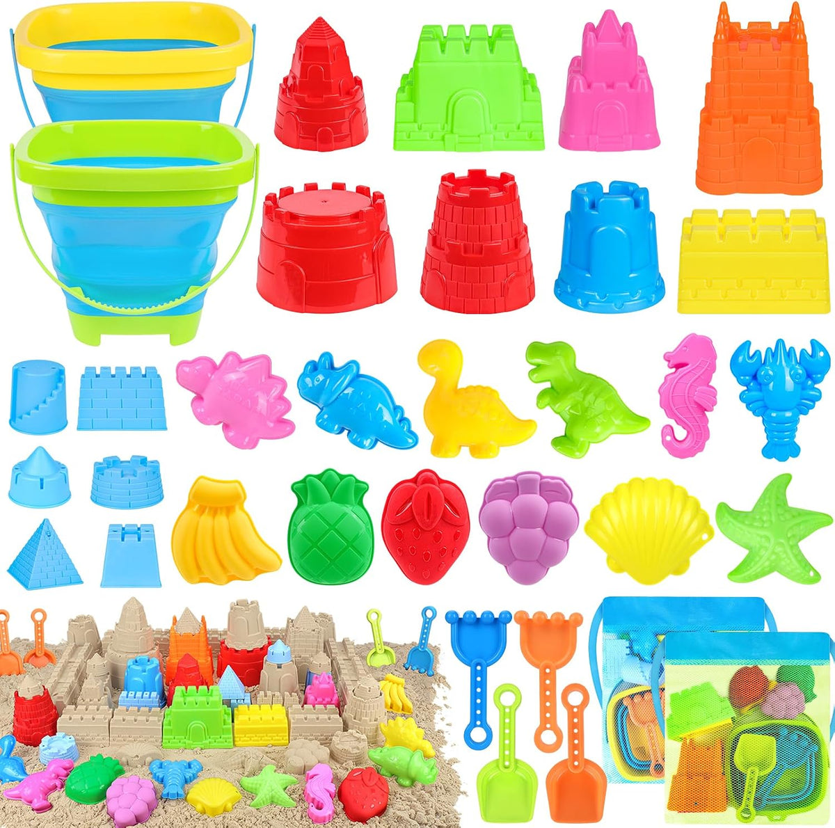 RACPNEL Juguetes de playa con cubos plegables, kit de castillo de arena