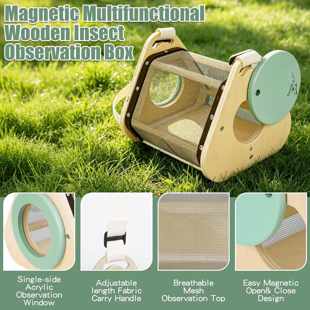 Kit de atrapador de insectos de madera para niños de más de 3 años, kit de captura de insectos y explorador al aire libre | jaula de insectos de madera, segura, red de mariposa extensible, bolsa