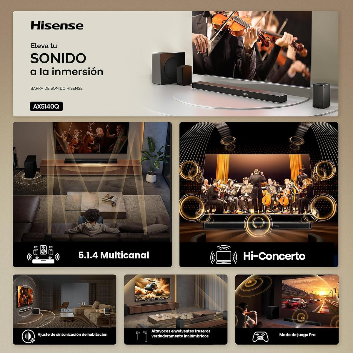 Hisense AX5140Q - Barra de sonido de cine en casa de 5.1.4 canales con subwoofer inalámbrico y altavoces envolventes traseros, altavoces de encendido ascendente, Dolby Atmos, DTS:X, Bluetooth 5.3, HDMI eARC, control de aplicación y control remoto, 7 modos