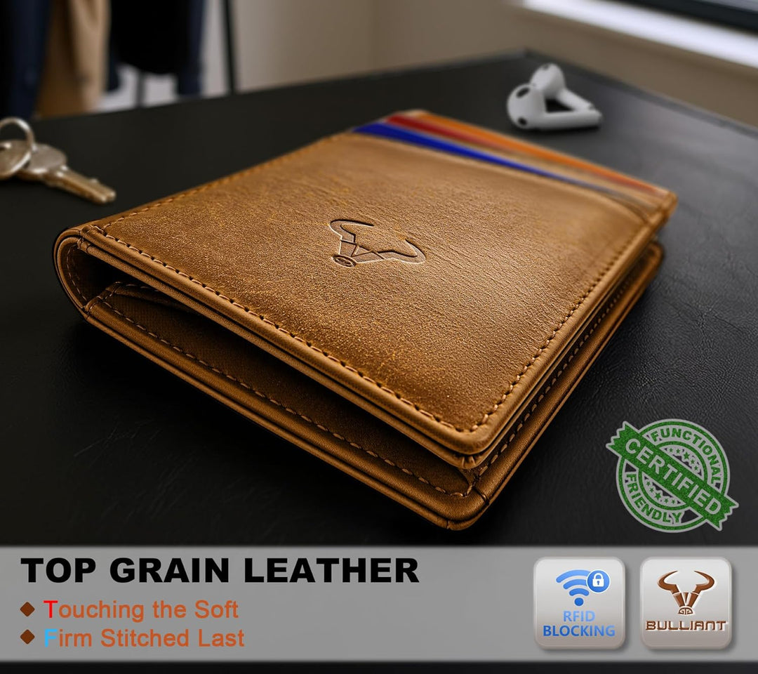 BULLIANT Billetera para hombre, de cuero de grano superior, delgada...