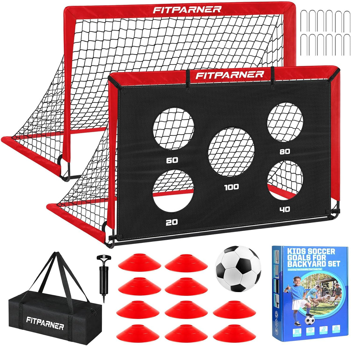 Portería de fútbol, portería de fútbol para niños en el patio trasero, 2 unidades, redes de fútbol portátiles de 4 x 3/6 x 4 pies con objetivo, pelota y conos, equipo de entrenamiento de