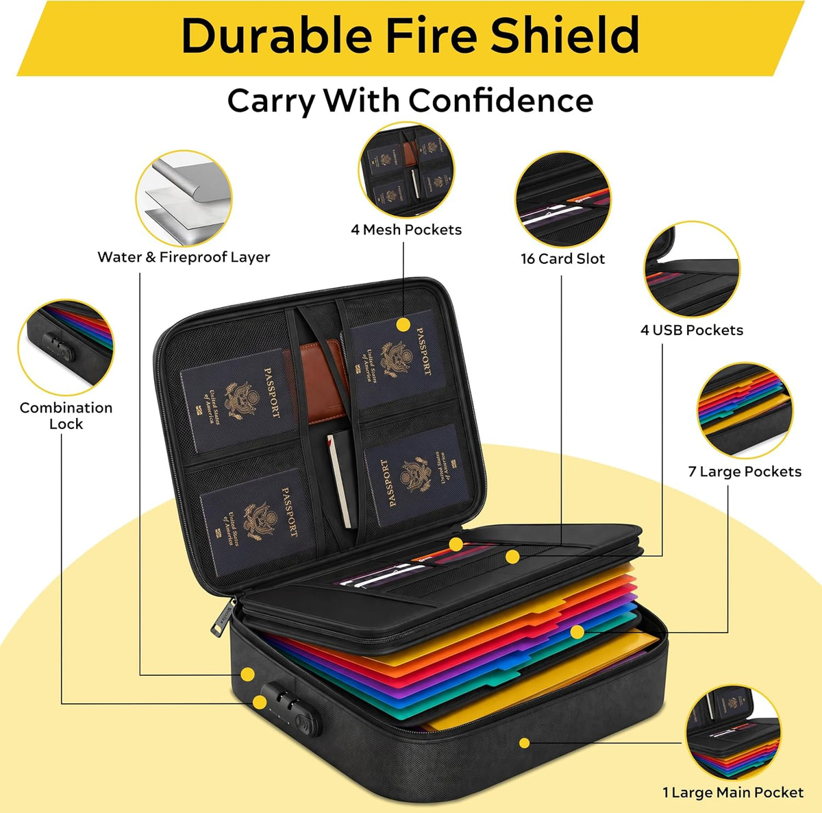 Caja de documentos a prueba de fuego con candado, libreta/caja de seguridad impermeable contra incendios