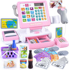 PLAY Caja registradora de juguete para niños - Juguetes de simulación de calculadora con micrófono/transportadores/dinero de juguete/escaner/tarjeta de crédito/latas/bebida, 3+ años. Juguetes
