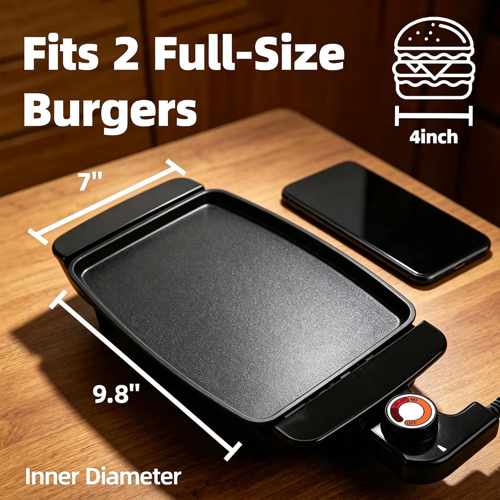 Plancha eléctrica pequeña, mini sartén eléctrica antiadherente de cerámica de 10 pulgadas con termostato ajustable, parrilla de una sola porción de 1200 W para desayuno, cocina para panqueques, huevos, salchichas