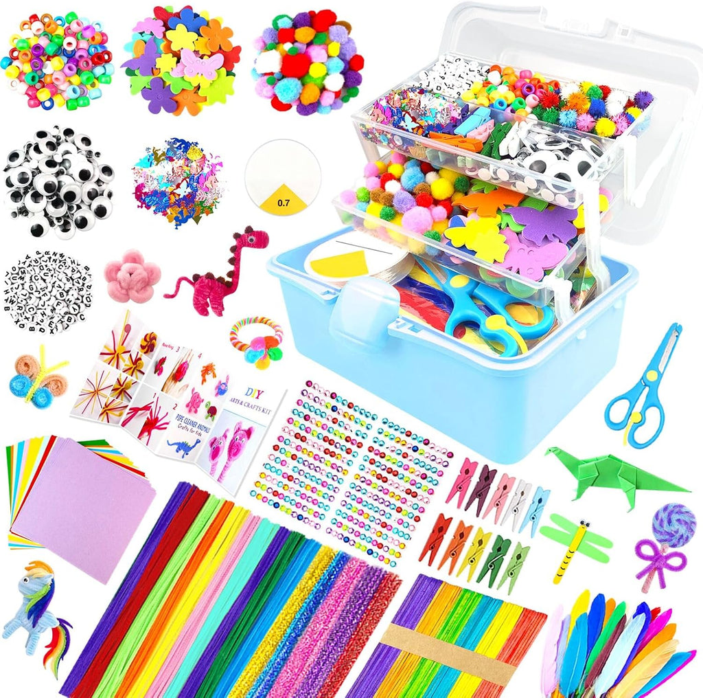 3000 piezas de suministros de arte y manualidades para niños, kits de manualidades con limpiapipas, suministros de manualidades, todo en caja de manualidades de 3 capas, manualidades DIY para niños de
