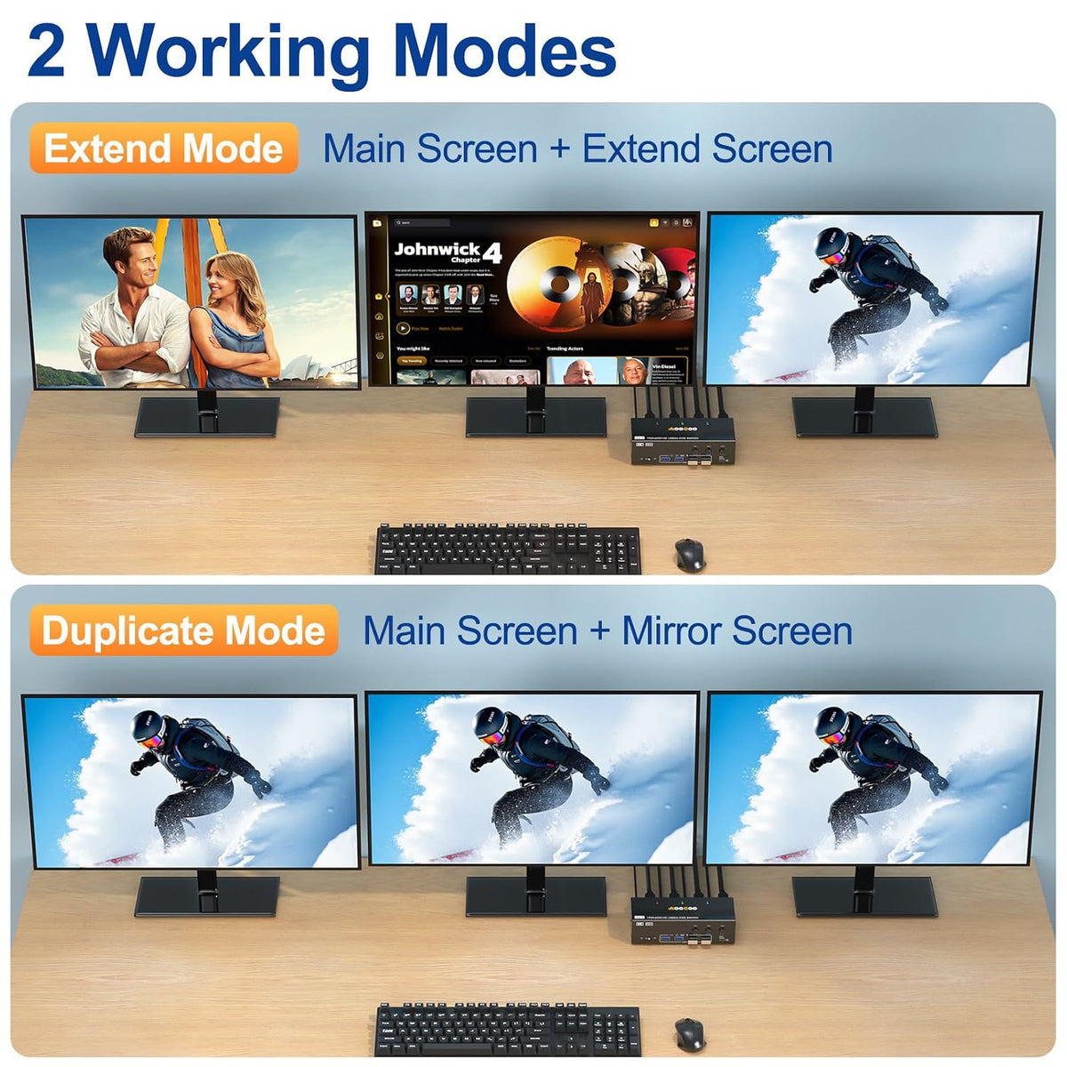 Conmutador KVM HDMI DP 3 monitores 3 computadoras, 8K @60Hz/4K @144Hz Conmutadores KVM de triple monitor para 3 PC compartiendo 3 monitores, teclado y ratón, con cables USB, controlador y adaptador de