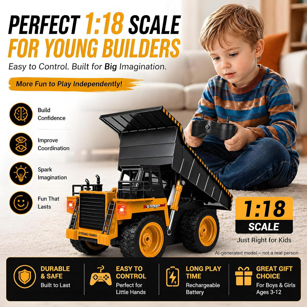 Camión de volcado a control remoto RC, vehículo de construcción, juguetes de camión con batería recargable para niños pequeños, niños y niñas